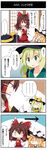  &gt;_&lt; 4koma ascot bad_id bad_pixiv_id beni_shake black_dress blonde_hair bow braid brown_eyes brown_hair chibi closed_eyes comic detached_sleeves dress green_eyes green_hair hair_bow hair_ribbon hair_tubes hakurei_reimu hat hat_ribbon kirisame_marisa komeiji_koishi long_sleeves multiple_girls open_mouth ribbon shirt skirt skirt_set third_eye touhou translated witch_hat 