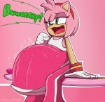 2025 abdominal_bulge ambiguous_gender ambiguous_prey amy_rose anthro bottomwear burping clothing cute_fangs dress english_text eulipotyphlan fangs female female_pred fur gloves green_eyes handwear hedgehog hi_res looking_pleasured mammal motion_lines narrowed_eyes pants pink_background pink_body pink_bottomwear pink_clothing pink_dress pink_fur pink_pants sega simple_background sitting solo sonic_riders sonic_the_hedgehog_(series) sportswear struggling struggling_prey teeth text unwilling_prey vore white_clothing white_gloves white_handwear xcosmicfetishx