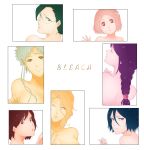  6+girls absurdres bare_shoulders black_hair bleach bleach:_sennen_kessen-hen bone_hair_ornament braid braided_ponytail breasts brown_eyes commentary_request copyright_name earrings glasses hair_between_eyes hair_ornament highres hinamori_momo ise_nanao jewelry kotetsu_isane kuchiki_rukia kurotsuchi_nemu kusajishi_yachiru large_breasts long_hair m1gm1gmagnesium matsumoto_rangiku multiple_girls one_eye_closed pink_hair raised_eyebrow red_eyes short_hair short_hair_with_long_locks single_braid smile waving 