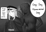  2girls :d belt breasts cape commentary english_text fang gay_gay_homosexual_gay_(meme) gmeg011 greyscale hand_up hat highres jacket koishikawa_iko large_breasts long_hair meme monochrome multiple_girls scar scar_across_eyebrow scar_on_face shy_(series) smile speech_bubble sweatdrop symbol-only_commentary 