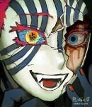  1boy :d absurdres akaza_(kimetsu_no_yaiba) black_skin blue_eyes colored_eyebrows colored_eyelashes colored_skin copyright_name cracked_kawaii_mask fangs hands_up highres kimetsu_no_yaiba male_focus nail_polish note_(lish_416) red_hair red_nails short_hair smile solo sweat teeth translation_request yellow_eyes 