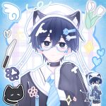  1boy adapted_costume animal animal_ear_fluff animal_ears animal_hat arm_at_side bespectacled black_cat black_choker black_eyes black_hair black_sweater blue_border blue_necktie blush border bright_pupils cat cat_ears cat_hat chibi chibi_inset choker closed_mouth collared_shirt commentary cross cross_earrings double-parted_bangs earrings expressionless fake_animal_ears flower glasses hair_between_eyes hair_ornament hand_up hat heart highres jewelry knife long_sleeves looking_at_viewer male_focus mewo mohan776458461 necktie omori outline outside_border pale_skin plaid_background puffy_long_sleeves puffy_sleeves round_eyewear semi-rimless_eyewear shirt short_hair simple_background sleeves_past_fingers sleeves_past_wrists solo sparkle star_(symbol) straight-on striped_clothes sunny_(omori) sweater symbol-only_commentary tulip upper_body upturned_eyes vertical-striped_clothes vertical-striped_necktie very_short_hair white-framed_eyewear white_background white_flower white_hat white_outline white_pupils white_shirt white_tulip 