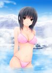  aoyama_sumika arms_behind_back bangs bare_arms bare_shoulders bikini black_hair blush breasts brown_eyes cleavage coffee-kizoku collarbone commentary_request eyebrows_visible_through_hair groin highres large_breasts light_smile looking_at_viewer navel original outdoors parted_lips pink_bikini shiny shiny_skin short_hair solo swimsuit wading water 