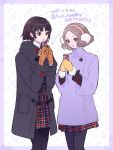  2girls birthday black_coat black_pantyhose border braid brown_eyes brown_hair can checkered_clothes checkered_skirt closed_mouth coat crown_braid dated earmuffs feet_out_of_frame fluffy_hair gloves happy_birthday highres holding holding_can looking_at_another multiple_girls niijima_makoto okumura_haru oui_zen pantyhose parted_lips persona persona_5 purple_border purple_coat red_eyes school_uniform short_hair shuujin_academy_school_uniform skirt twitter_username yellow_gloves 