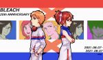  1046sstep_btoh 3girls 4boys abarai_ichika anniversary black_hair bleach bleach:_epilogue commentary_request copyright_name crossed_arms dated dress facial_hair glasses goatee green_eyes hair_over_eyes hair_ribbon hands_in_pockets headphones highres inoue_orihime ishida_uryuu kuchiki_rukia kurosaki_ichigo kurosaki_kazui multiple_boys multiple_girls orange_hair ponytail red_eyes red_hair ribbon sado_yasutora signature 