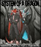 2019 2_horns anthro biped black_bottomwear black_clothing black_coat black_nose black_pants black_topwear blue_markings bottomwear canid canine canis claws clothed clothing coat countershade_face countershade_fur countershade_scales countershade_torso countershading crossed_arms digitigrade dipstick_ears dipstick_tail dragon duo ear_frill ear_markings english_text european_mythology fangs fenerus_(diel4) frill_(anatomy) fuf fur gloves_(marking) green_body green_fur green_markings head_tuft hi_res horn leather leather_bottomwear leather_clothing leather_pants looking_at_viewer male mammal markings multicolored_body multicolored_ears mythological_creature mythological_scalie mythology pants pose red_body red_scales scales scalie spiked_clothing spikes tail tail_markings tan_body tan_countershading tan_scales teeth text toe_claws topwear tuft two_tone_body western_dragon white_body white_countershading white_fur wolf