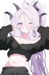  1girl ahoge blue_archive blush breasts commentary_request demon_girl demon_horns halo highres hina_(blue_archive) horns kanimiso30601 long_hair looking_at_viewer navel one_eye_closed purple_eyes small_breasts solo very_long_hair white_hair 