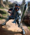  abstract_background black black_body black_fur black_tail boots clothing feline fur gauntlets hair knight lion male mammal melee_weapon metal sir_morgan solo sword tunic veramundis weapon 