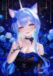  1girl absurdres animal_ears aqua_eyes aqua_nails bare_shoulders black_dress blue_choker blue_flower blue_hair blue_ribbon blue_rose blush breasts cat_ears cat_girl choker cleavage collarbone commentary_request dress earrings elbow_gloves flower gloves hair_flower hair_ornament highres indie_virtual_youtuber jewelry looking_at_viewer medium_breasts open_mouth ribbon rose single_elbow_glove smile solo virtual_youtuber wrist_ribbon yahiro_(heartseek000) 