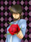  1boy argyle argyle_background beard brown_eyes brown_hair facial_hair flower gejigeji32 hair_over_eye hair_over_one_eye jigen_daisuke looking_at_viewer lupin_iii rose smile tms_entertainment 