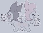 2025 ambiguous/ambiguous ambiguous_gender anthro arched_back arms_bent biped black_text blush blush_lines body_blush butt butt_blush butt_squish chibi cute_fangs demon dialogue digital_drawing_(artwork) digital_media_(artwork) duo emanata english_text exclamation_point eyelashes fangs featureless_butt feet female_(lore) flat_colors glistening glistening_eyes grey_background grey_hood grey_tail handwritten_text heshieokf hi_res hood_only kuromi lagomorph leporid mammal mostly_nude_ambiguous mostly_nude_anthro my_melody onegai_my_melody open_mouth open_smile pink_hood rabbit sanrio short_tail simple_background smile spade_tail spot_color squish tail talking_to_another teeth text