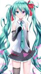  1girl 25-ji_miku alternate_hairstyle aqua_eyes aqua_hair aqua_necktie arm_tattoo bare_shoulders black_skirt black_sleeves black_thighhighs commentary cosplay cowboy_shot detached_sleeves earrings hair_between_eyes hair_ornament hair_ribbon hand_on_own_chest hatsune_miku hatsune_miku_(cosplay) hatsune_miku_(vocaloid4) heterochromia highres itogari jewelry long_hair looking_at_viewer miniskirt necktie pleated_skirt project_sekai purple_eyes ribbon self_cosplay shirt single_thighhigh skinny skirt sleeveless sleeveless_shirt smile solo tattoo thighhighs twintails v4x very_long_hair vocaloid white_background white_shirt zettai_ryouiki 