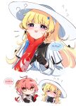  >_< 2girls ? ?? absurdres black_collar black_gloves blonde_hair blue_eyes blush changli_(wuthering_waves) cheek_squash chibi chibi_inset collar colored_extremities commentary english_text flying_sweatdrops gloves hair_extensions hair_ornament hat highres long_hair long_sleeves multiple_girls open_mouth phoebe_(wuthering_waves) pink_hair red_hands ring_hair_extensions shirt simple_background white_background white_hat white_shirt wuthering_waves x_hair_ornament zevi_(zevi_ii) 