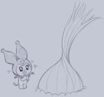 2025 ambiguous_anthro ambiguous_gender anthro biped clothed clothed_ambiguous clothed_anthro clothing cute_fangs demon digital_drawing_(artwork) digital_media_(artwork) eyelashes fangs featureless_feet featureless_hands feet female_(lore) food grey_background hands_together happy heshieokf hood hood_only kuromi lagomorph leporid line_art looking_at_food looking_at_object looking_at_plant mammal monochrome mostly_nude_ambiguous mostly_nude_anthro onegai_my_melody onion open_mouth open_smile plant rabbit sanrio simple_background smile solo spade_tail sparkles sparkling_eyes standing tail teeth vegetable