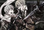  2boys ahoge america_(hetalia) axis_powers_hetalia belt black-framed_eyewear black_belt black_gloves blonde_hair blood blood_on_clothes blood_on_face blood_on_weapon blue_eyes brown_coat brown_jacket brown_pants coat collared_shirt dagger fighting floating_clothes fur-trimmed_jacket fur_trim glasses gloves green_necktie highres holding holding_dagger holding_knife holding_lead_pipe holding_weapon jacket kiguchi05 knife lapels lead_pipe leather leather_gloves long_sleeves looking_at_viewer male_focus military military_jacket military_uniform multiple_boys necktie open_clothes open_jacket open_mouth pants puffy_long_sleeves puffy_sleeves purple_eyes russia_(hetalia) scarf semi-rimless_eyewear shirt short_hair smile teeth weapon white_hair white_scarf white_shirt 