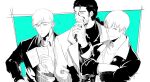  3boys aqua_background beard bleach casual closed_eyes commentary_request crossed_arms facial_hair frown greyscale_with_colored_background hair_between_eyes hand_hair hand_on_own_hip highres holding ichimaru_gin jacket kyouraku_shunsui m1gm1gmagnesium male_focus multiple_boys reading signature smile ukitake_juushirou 