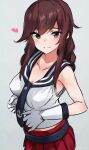  1girl black_necktie black_sailor_collar braid breasts brown_hair collarbone commentary_request cowboy_shot gloves green_eyes grey_background kantai_collection long_hair mani_oniniku medium_breasts necktie no_dickey noshiro_(kancolle) red_skirt sailor_collar sailor_shirt school_uniform serafuku shirt simple_background skirt sleeveless sleeveless_shirt solo swept_bangs twin_braids white_gloves white_shirt 