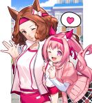  2girls animal_ears blush bow breasts brown_eyes brown_hair buruma collarbone cosplay costume_switch ear_bow ear_covers flower-shaped_pupils flower_in_eye hairband haru_urara_(bestest_prize)_(umamusume) haru_urara_(umamusume) haru_urara_(umamusume)_(cosplay) headband heart highres horse_ears horse_girl horse_tail jacket layered_sleeves long_hair long_sleeves looking_at_viewer multiple_girls name_connection navel okumura_haru okumura_haru_(cosplay) one_eye_closed open_mouth persona persona_5 pink_buruma pink_eyes pink_hair pink_headband pink_sweater ponytail red_buruma red_headband ribbed_sweater school_uniform shirt short_hair short_over_long_sleeves short_sleeves shuujin_academy_school_uniform skirt smile speech_bubble spoken_heart sweater symbol-shaped_pupils symbol_in_eye tail umamusume wanderstillart waving white_jacket white_shirt 
