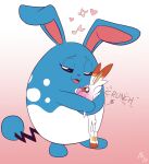 2019 anthro azumarill biped black_eyes black_nose blue_body bodily_fluids button_ears cheek_tuft english_text eyebrows facial_tuft female floppy_ears fuf fur generation_2_pokemon generation_8_pokemon heart_symbol hi_res hug larger_female male musical_note musical_symbol nintendo open_mouth pokemon pokemon_(species) red_eyes scorbunny scut_tail short_tail simple_background size_difference smaller_male sound_effects sweat symbol tail text tongue tuft white_body white_fur