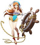  1girl :d armpits bare_shoulders blue_eyes blue_hat blue_one-piece_swimsuit breasts casual_one-piece_swimsuit chris_(langrisser) cleavage collarbone covered_navel elbow_gloves floating floating_hair floating_object frilled_one-piece_swimsuit frills full_body game_cg gloves hand_up hat hat_ribbon highres holding langrisser langrisser_i langrisser_mobile leg_up legs long_hair long_sidelocks looking_at_viewer medium_breasts multicolored_one-piece_swimsuit official_alternate_costume official_art one-piece_swimsuit open_mouth orange_hair platform_sandals red_sandals red_shoes ribbon rope sailor_hat sandals second-party_source shiny_skin ship's_wheel shoes sidelocks simple_background sleeveless smile solo standing standing_on_one_leg swimsuit tachi-e toes transparent_background very_long_hair white_gloves white_one-piece_swimsuit white_ribbon 