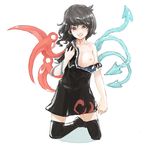  asymmetrical_wings black_hair black_legwear blue_wings breasts dress houjuu_nue kneeling ma_nyan_(nyao_mao_nyao) medium_breasts nipples off_shoulder red_eyes red_wings short_hair simple_background smile snake solo thighhighs touhou wings zettai_ryouiki 