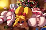  3girls absurdres anus ass astroodragon bottle cellulite chica christmas elf female_pubic_hair five_nights_at_freddy's frieren furry highres huge_ass ilulu_(maidragon) kobayashi-san_chi_no_maidragon looking_at_viewer multiple_girls navel nipples nude pointy_ears pubic_hair pussy red_hair sharp_teeth smile sousou_no_frieren stomach teeth white_hair 