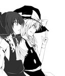  ascot bare_shoulders bow braid detached_sleeves greyscale grin group_picture group_profile hair_bow hair_ribbon hair_tubes hakurei_reimu hat hat_tip kirisame_marisa lineup monochrome multiple_girls profile ram_hachimin ribbon short_hair side_braid simple_background smile touhou white_background witch_hat wristband 