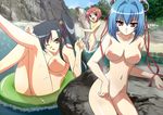  3girls black_hair blue_hair breasts brown_eyes chouhi chouun fish kan&#039;u kan'u koihime_musou nude nude_filter photoshop pussy red_eyes red_hair rock uncensored violet_eyes water 