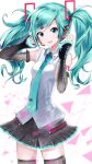  1girl aqua_eyes aqua_hair aqua_necktie arm_tattoo black_skirt black_sleeves black_thighhighs breasts commentary cosplay cowboy_shot detached_sleeves hair_between_eyes hair_ornament hatsune_miku hatsune_miku_(cosplay) hatsune_miku_(vocaloid4) headphones headset highres itogari jewelry leo/need_miku long_hair looking_at_viewer medium_breasts miniskirt necktie number_tattoo open_mouth pleated_skirt project_sekai see-through_clothes see-through_legwear self_cosplay shirt simple_background skirt sleeveless sleeveless_shirt smile solo tattoo thighhighs twintails v4x very_long_hair vocaloid white_background white_shirt zettai_ryouiki 