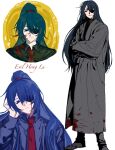  1boy alternate_costume bags_under_eyes black_eyes black_hair black_pants black_shirt black_shoes bleeding blood blood_on_clothes blood_on_face character_name closed_mouth coat collared_shirt cropped_shoulders crossed_arms empty_eyes english_text expressionless eyepatch family_hierarch_candidate_(identity)_(project_moon) full_body grey_coat hair_between_eyes hair_down head_on_hand head_rest high_ponytail hong_lu_(project_moon) lalatuuuu light_smile limbus_company long_coat long_hair looking_at_viewer male_focus necktie one_eye_covered pants parted_lips ponytail project_moon red_necktie shirt shoes simple_background solo standing turtleneck turtleneck_shirt upper_body very_long_hair white_background yellow_eyes 