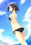  ass bad_id bad_pixiv_id bare_arms bare_shoulders bikini black_bikini black_hair blue_sky cloud day dutch_angle eyebrows_visible_through_hair from_side hand_on_own_chest kinta_(distortion) lens_flare looking_back original outdoors red_eyes short_hair side-tie_bikini sky solo standing swimsuit water wet 