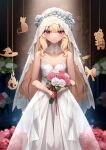  1girl :3 bare_arms bare_shoulders blonde_hair blurry blurry_background blush bokeh bouquet breasts bridal_veil bride cleavage closed_mouth collar depth_of_field detached_collar dress flower hair_between_eyes highres holding holding_bouquet holding_flower indoors light_smile little_witch_nobeta long_dress long_hair looking_at_viewer nobeta official_art oopartz_yang pink_flower pink_rose red_eyes red_ribbon ribbon rose see-through_clothes small_breasts solo standing strapless strapless_dress veil very_long_hair wedding wedding_dress white_collar white_dress white_flower white_rose 