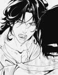  2boys bikoyaki blood blood_from_mouth blush collarbone collared_shirt curtained_hair ear_blush fangs fangs_out fingernails half-closed_eyes hand_on_another's_neck head_tilt highres implied_yaoi long_fingernails long_hair looking_at_viewer luo_binghe male_focus monochrome multiple_boys open_mouth parted_bangs pectoral_cleavage pectorals renzha_fanpai_zijiu_xitong sharp_fingernails shen_yuan shirt short_hair teeth thick_eyebrows v-shaped_eyebrows vampire watermark white_background wolf_cut 