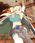  1girl absurdres aqua_eyes armor armpits bandaged_arm bandages bandolier belt belt_pouch bikini_armor blonde_hair blush breasts brick_wall cleavage gauntlets greatsword greaves green_hair_ornament green_skirt hair_ornament hairclip highres holding holding_sword holding_weapon huge_weapon imminent_attack incoming_attack large_breasts linea_alba long_hair looking_at_viewer navel official_alternate_costume open_mouth pouch revealing_clothes senra senran_kagura senran_kagura_new_wave senran_kagura_shoujo-tachi_no_shin'ei skirt solo sword teeth thighhighs tower two-handed_sword upper_teeth_only v-shaped_eyebrows weapon white_thighhighs yomi_(senran_kagura) 