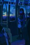  2boys 2girls backpack bag cellphone cityscape dark dawn hand_grip highres holding holding_bag holding_phone leggings morning multiple_boys multiple_girls oimoti_tn original phone plastic_bag red_scarf scarf shoes skirt smartphone solo_focus standing train_interior umbrella 