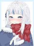  1girl blue_border blue_coat blue_eyes blue_streaks blunt_bangs blush border closed_mouth coat ekakimii gawr_gura gawr_gura_(winter_casual) hair_ornament half-closed_eyes hashtag-only_commentary highres hololive hololive_english long_sleeves looking_at_viewer medium_hair multicolored_hair outside_border red_scarf scarf smile solo streaked_hair upper_body virtual_youtuber white_background x_hair_ornament 