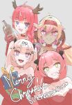  4girls :> :3 absurdres ahoge alternate_costume alternate_hairstyle animal_ear_piercing animal_ears azuxxrou bare_shoulders bell black_bow black_ribbon blonde_hair blue_eyes blunt_bangs bottle bow box breasts bright_pupils brown_hairband camila_(vtuber) choker christmas christmas_present closed_mouth collarbone colored_eyelashes commentary dark-skinned_female dark_skin diamond_facial_mark dot_nose dress drooling elbow_gloves eyelashes facial_mark fake_antlers fang fangs fur_trim gift gift_box gloves green_eyes grey_background hair_bow hair_ornament hair_over_shoulder hair_ribbon hairband hairclip headband heart highres holding holding_bottle holding_box holding_gift indie_virtual_youtuber koko_d._nuts long_hair mechanical_arms merry_christmas mismatched_eyelashes monkey_ears monkey_girl mouth_drool multicolored_hair multiple_girls neck_bell open_mouth pink_eyes pink_hair pointy_ears portmanteau purple_eyes red_choker red_dress red_gloves red_headband ribbon simple_background single_mechanical_arm slice_of_toma smile streaked_hair suko_(vtuber) teeth twintails two-tone_hair upper_teeth_only v v-shaped_eyebrows virtual_youtuber white_hair white_pupils 