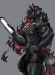  1boy abs andenate_maryam_(arknights) animal_ears arknights bara black_male_underwear boxers bulge clipboard closed_mouth english_commentary from_side furry furry_male grey_background highres holding holding_clipboard horse_boy horse_ears horse_tail huyesangwei male_focus male_underwear multicolored_hair muscular muscular_male navel nipple_piercing nipples pectorals penis penis_peek piercing profile rhine_lab_logo tail topless_male underwear 