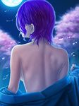  7/11_(fukuso) back bare_back breasts bug butterfly cherry_blossoms earrings from_behind full_moon insect jewelry medium_breasts moon off_shoulder petals purple_hair saigyouji_yuyuko short_hair sideboob solo touhou 
