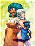  afro aloe_(pokemon) apron aqua_hair arm_warmers back-to-back backless_outfit bandages big_hair blue_eyes braid breasts crossed_arms crossover dark_skin gloves green_hair hair_rings hands_on_hips kaine_(nier) large_breasts lingerie lips lipstick makeup mizuki_apple multiple_girls negligee nier nier_(series) panties pokemon pokemon_(game) pokemon_bw purple_eyes scarf seiyuu_connection single_thighhigh tanaka_atsuko thigh_strap thighhighs underwear very_dark_skin white_hair white_panties 