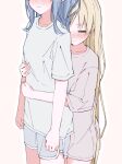  2girls blonde_hair blue_hair blue_shirt blue_shorts blush breasts closed_eyes closed_mouth collarbone cowboy_shot dolphin_shorts embarrassed eyes_out_of_frame grey_shirt grey_shorts hands_up head_out_of_frame height_difference highres hug hug_from_behind long_hair mahou_shoujo_no_majo_saiban multiple_girls nekobanana_(m23453456) shirt shorts simple_background small_breasts standing t-shirt tachibana_sherry tono_hanna very_long_hair white_background yuri 
