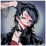  2girls applying_lipstick applying_makeup bang_dream! bang_dream!_it's_mygo!!!!! black_choker black_gloves black_hair blue_eyes border chinese_commentary choker commentary_request cracy_logan dual_persona gloves highres jewelry lipstick makeup multiple_girls necklace open_mouth smeared_lipstick teeth timoris_(bang_dream!) upper_body upper_teeth_only white_border yahata_umiri 