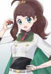  1girl aoneko4ao_(edwf7745) black_bodysuit black_shirt blue_eyes blush bodysuit bodysuit_under_clothes braid breasts brown_hair cape collared_shirt commentary_request green_cape highres hilda_(champion)_(pokemon) hilda_(pokemon) holding holding_poke_ball jacket long_hair long_sleeves looking_at_viewer necktie official_alternate_costume open_mouth poke_ball poke_ball_(basic) pokemon pokemon_masters_ex ponytail red_necktie shirt shorts simple_background small_breasts tiara upper_body white_background white_jacket white_shorts 