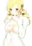  bad_id bad_pixiv_id blonde_hair blush breasts drill_hair hair_ornament hand_to_own_mouth large_breasts mahou_shoujo_madoka_magica naked_shirt navel no_bra shirt solo tomoe_mami tori_(ritcrover) twin_drills twintails white_background white_shirt yellow_eyes 