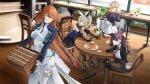  4girls absurdres apron bare_shoulders black_boots black_gloves black_pantyhose blonde_hair boots brown_hair centaureissi_(girls'_frontline_2) chair commentary_request crossed_legs cup food g36_(girls'_frontline) girls'_frontline girls'_frontline_2:_exilium gloves green_eyes highres holding holding_cup indoors kaoruko_(unkrk55) long_hair long_sleeves looking_at_another maid maid_headdress makiatto_(girls'_frontline_2) multiple_girls necktie official_art on_chair open_mouth orange_hair pantyhose purple_hair red_eyes red_necktie second-party_source sharkry_(girls'_frontline_2) short_hair side_ponytail sitting smile springfield_(girls'_frontline) springfield_(girls'_frontline_2) standing table wa2000_(girls'_frontline) white_apron white_gloves wooden_table 