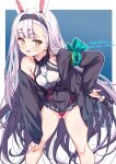  1girl absurdres animal_ears ass_visible_through_thighs azur_lane bikini bikini_over_clothes black_hairband black_jacket black_skirt breasts brown_eyes commentary_request hairband hand_on_own_hip highres jacket leaning_forward legs_apart long_hair looking_at_viewer miniskirt off_shoulder open_mouth pleated_skirt rabbit_ears rabbit_girl red_bikini shimakaze_(azur_lane) shirt skirt small_breasts smile solo standing swimsuit thighs umyonge_(lkakeu) very_long_hair white_hair white_shirt 