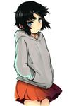  black_hair blue_eyes blush ginji74 hands_in_pockets hood hoodie original simple_background skirt solo white_background 