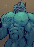 abs anthro barazoku bone canid canid_demon canine canis cerberus cerberus_(fortnite) claws demon epic_games european_mythology finger_claws flaccid fortnite genitals greek_mythology green_body hair hellhound hi_res looking_at_viewer male mammal multi_head muscular muscular_anthro muscular_male mythological_canine mythological_creature mythology nipples nude pec_grab pecs penis pinumontbalou skull skull_head solo