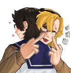  2girls :p blonde_hair blue_sailor_collar brown_cardigan brown_hair cardigan commentary double_middle_finger fang gmeg011 highres hug koishikawa_iko long_hair long_sleeves middle_finger momijiyama_teru multiple_girls orange_eyes sailor_collar shirt short_hair shy_(series) simple_background symbol-only_commentary tongue tongue_out white_background white_shirt 