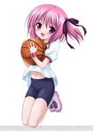  :d artist_request basketball bike_shorts blush dengeki gym_uniform hair_ribbon minato_tomoka navel open_mouth purple_eyes purple_hair ribbon rou-kyuu-bu! shoes short_hair shorts side_ponytail smile sneakers solo watermark 